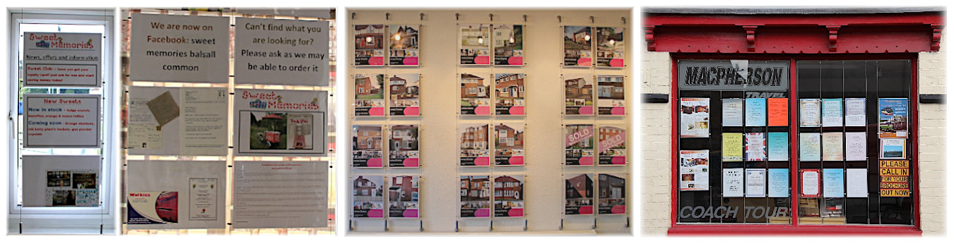 Wire suspended poster holder displays in shop windows and mounted to interior walls