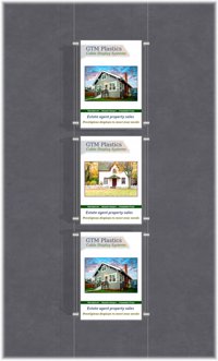 Hanging poster display kits - single width portrait pocket style - Layout: 1x3 assembled between cable wires