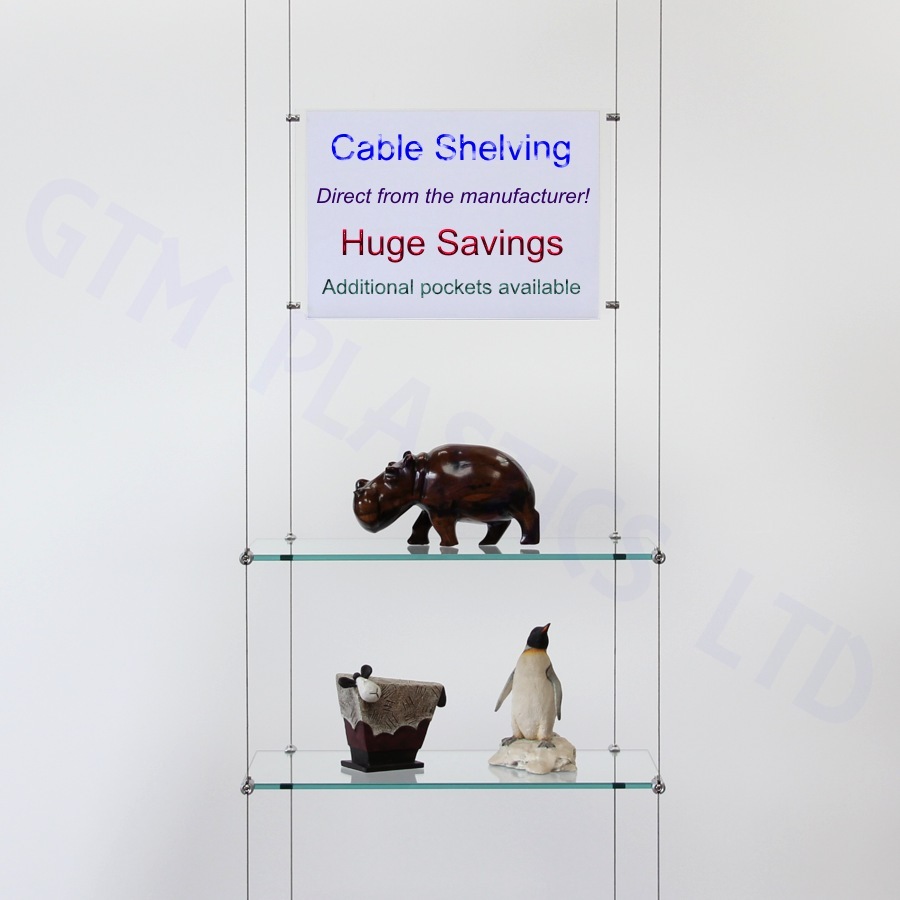 Wire hanging glass shelves with an optional poster holder between the cables