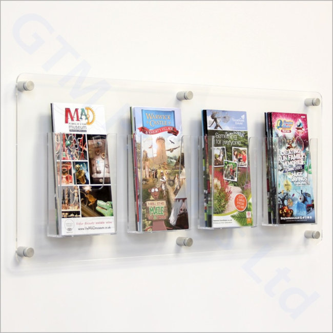 1/3 A4 Leaflet dispensers attached to a clear acrylic back-panel mounted to the wall