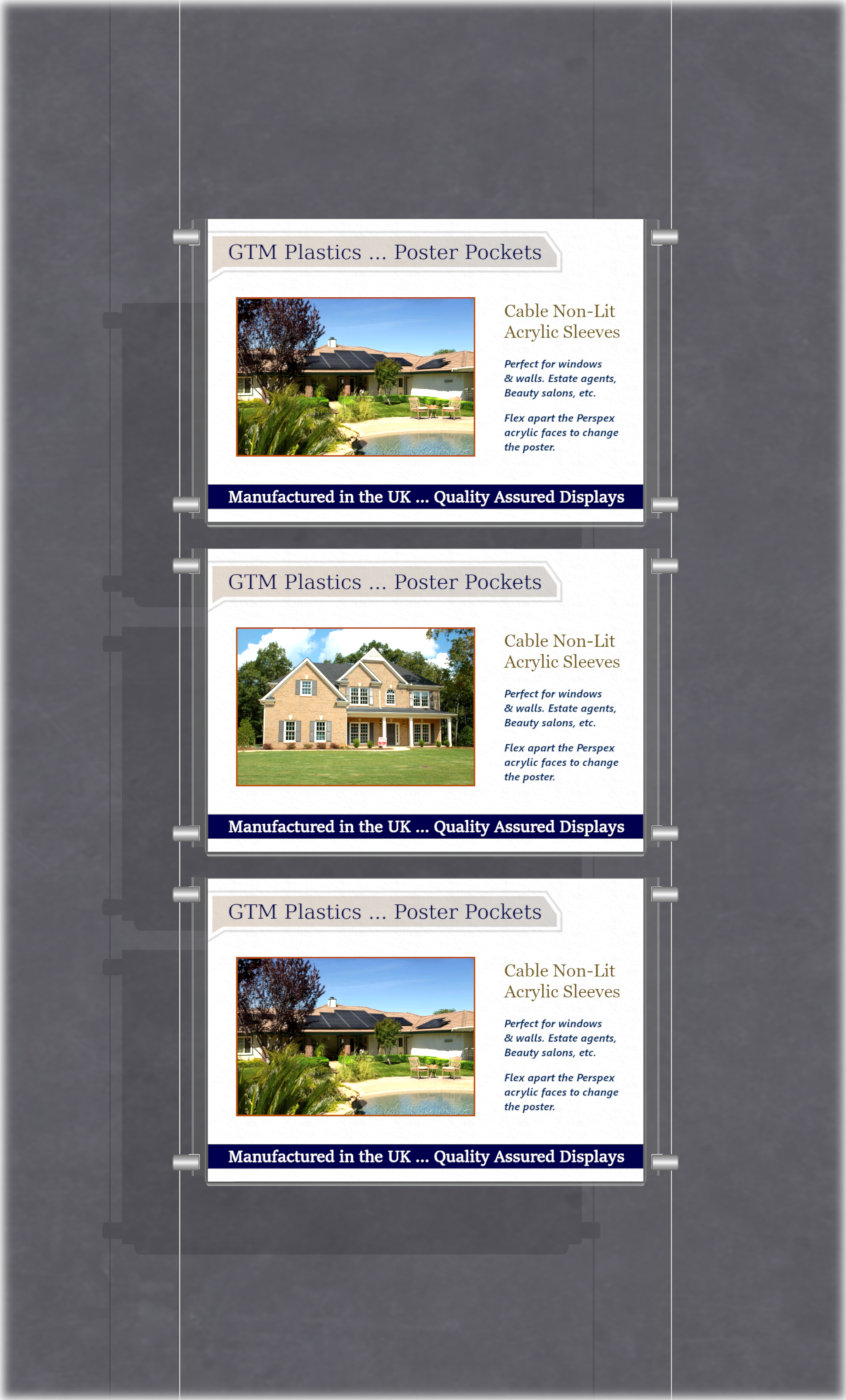 Estate agent hanging poster displays - single width landscape pocket style - Layout: 1x3 assembled between cable wires