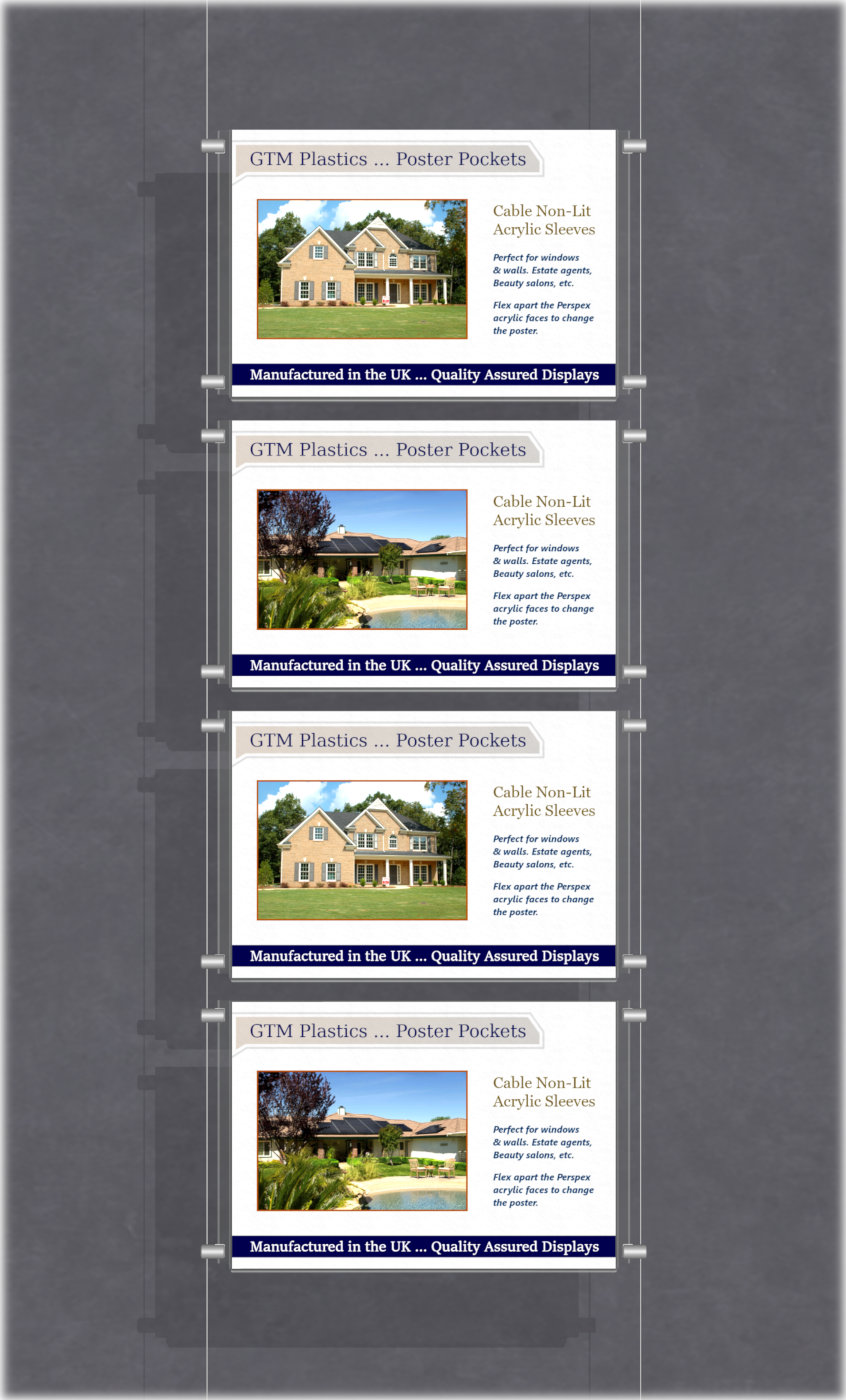 Estate agent hanging poster displays - single width landscape pocket style - Layout: 1x4 assembled between cable wires