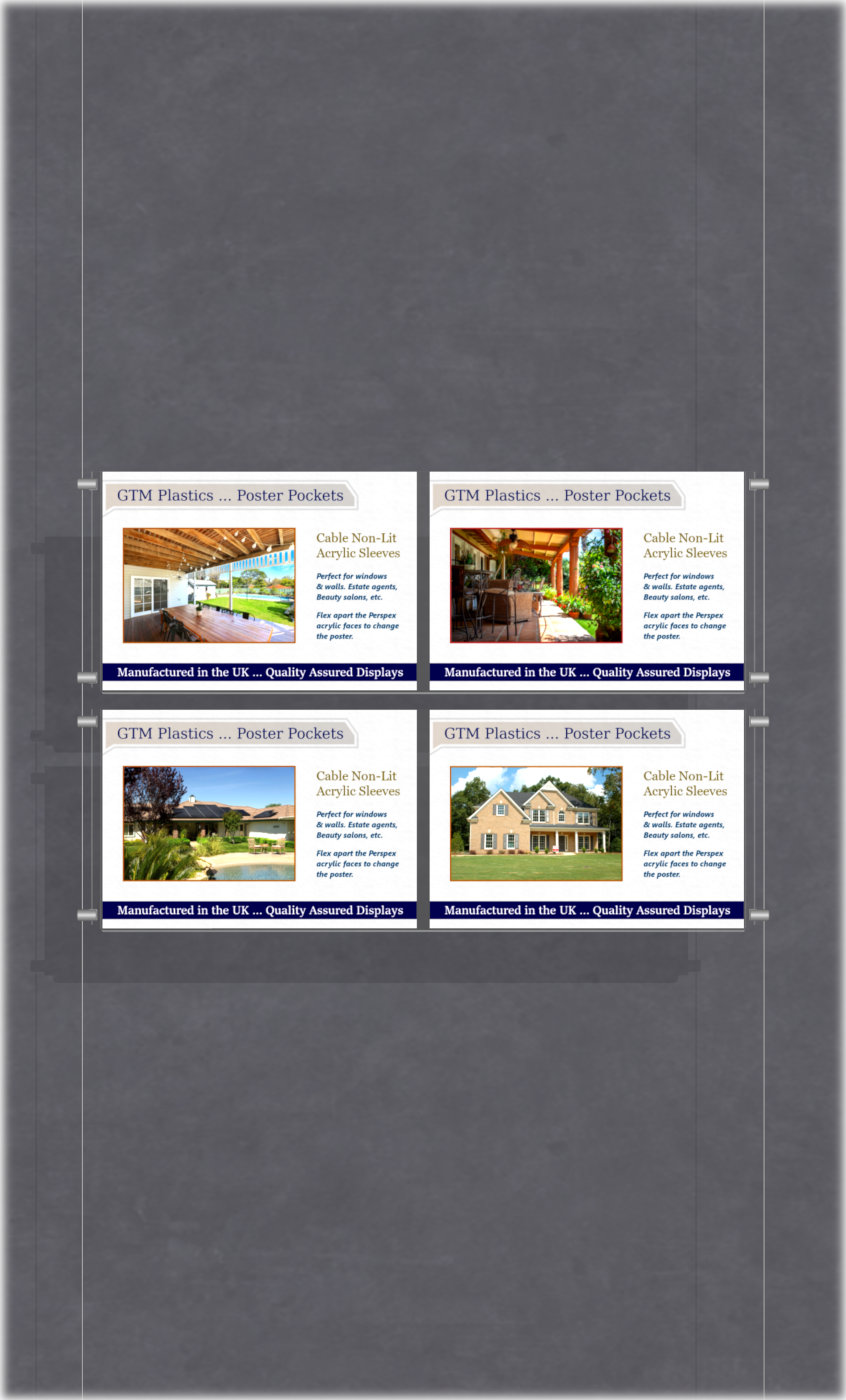 Estate agent hanging poster displays - double width landscape pocket style - Layout: 1x2 assembled between cable wires