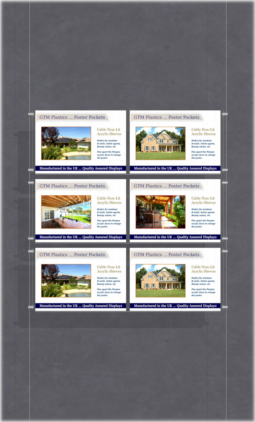 Estate agent hanging poster displays - double width landscape pocket style - Layout: 1x3 assembled between cable wires