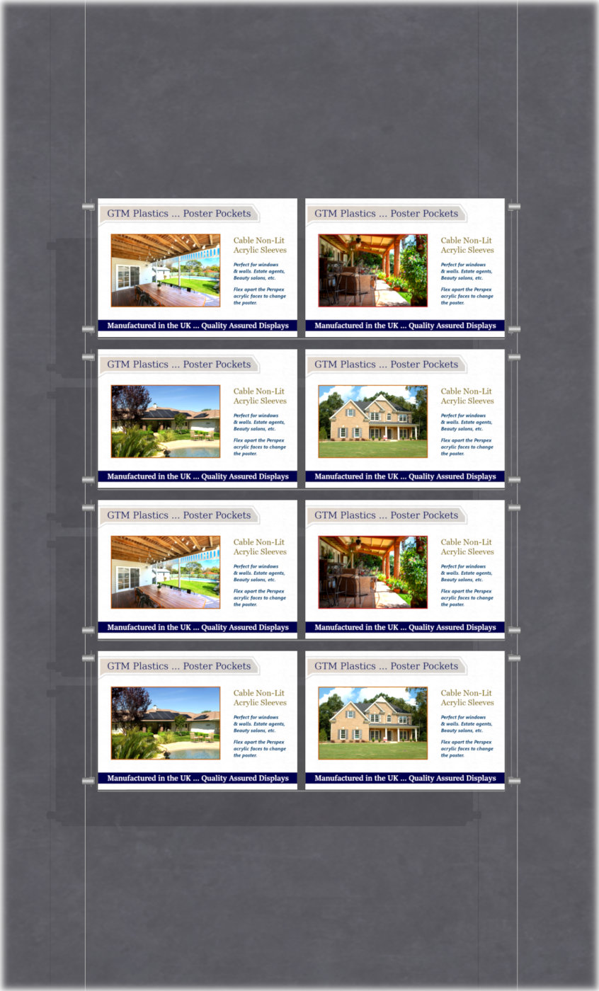 Estate agent hanging poster displays - double width landscape pocket style - Layout: 1x4 assembled between cable wires