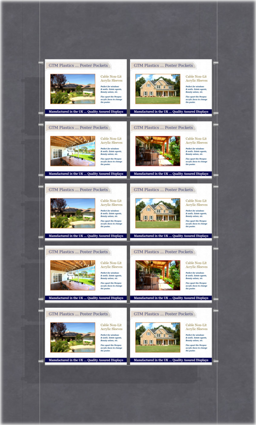Estate agent hanging poster displays - double width landscape pocket style - Layout: 1x5 assembled between cable wires