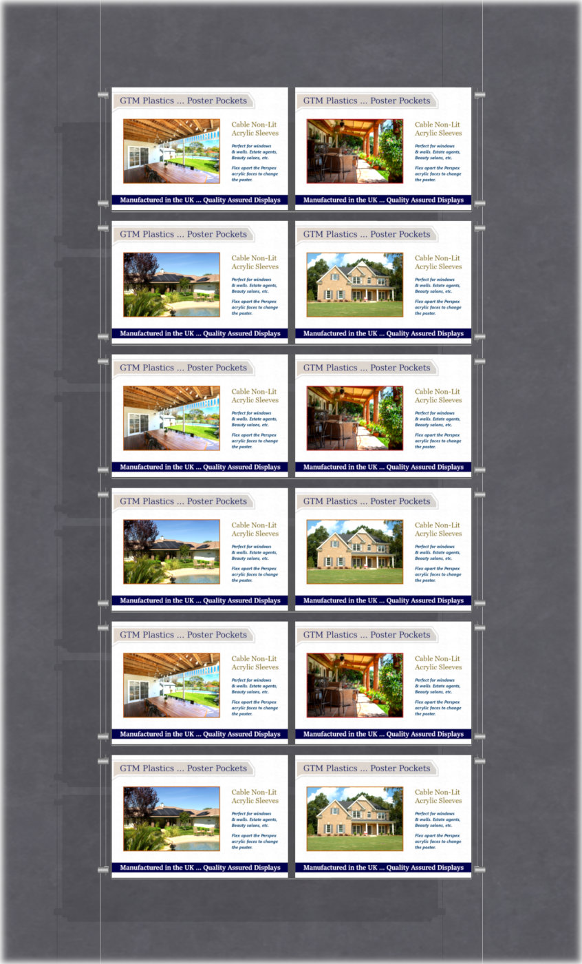 Estate agent hanging poster displays - double width landscape pocket style - Layout: 1x6 assembled between cable wires